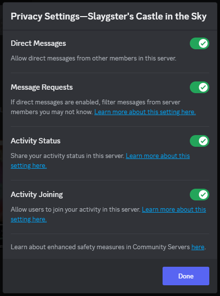 example privacy settings modal